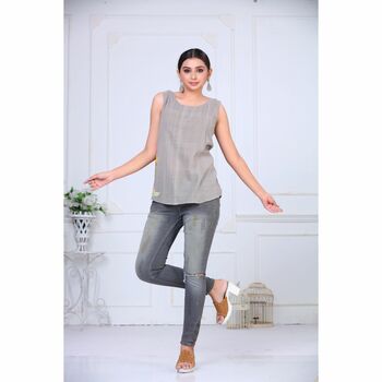 Waist Line Gray Top With Embroidery in Front & Box Pleats in Back