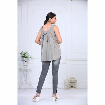 Waist Line Gray Top With Embroidery in Front & Box Pleats in Back