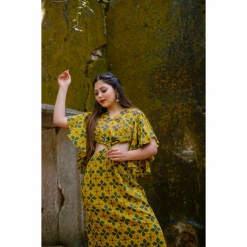 Yellow Block Print Dress with Cut outs