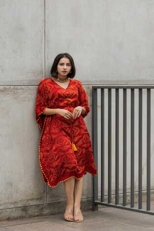 Kiaayo 'Arwi' Red Designer Bandhani Pure Gajji Silk Kaftan