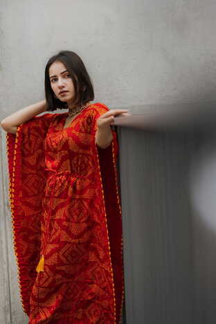 Kiaayo 'Arwi' Red Designer Bandhani Pure Gajji Silk Kaftan