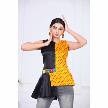 Black Plain and yellow Bandhani Gaji Silk Top